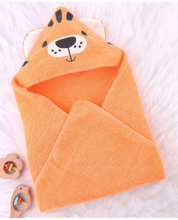 Babyhug Cotton Terry Woven Hooded Bath Towel with Tiger Print L 73 x B 73 cm - Light Orange