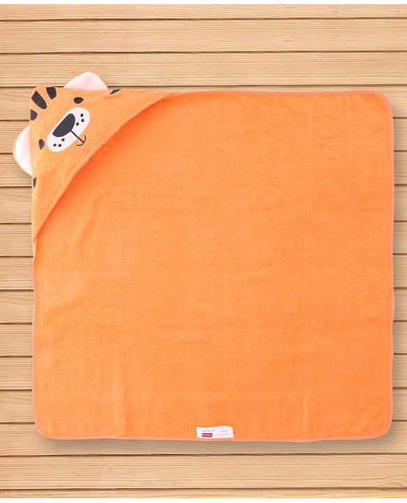 Babyhug Cotton Terry Woven Hooded Bath Towel with Tiger Print L 73 x B 73 cm - Light Orange