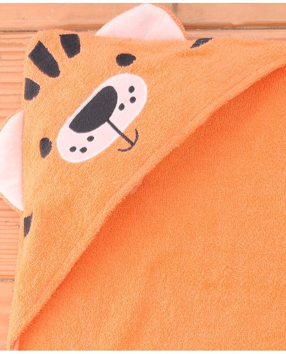 Babyhug Cotton Terry Woven Hooded Bath Towel with Tiger Print L 73 x B 73 cm - Light Orange