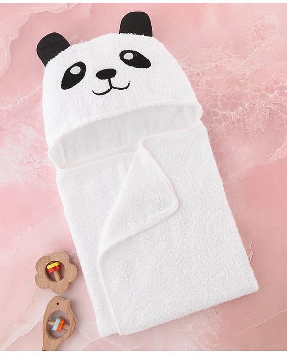 Babyhug Cotton Terry Woven Hooded Bath Towel with Panda Print L 73 x B 73 cm - White