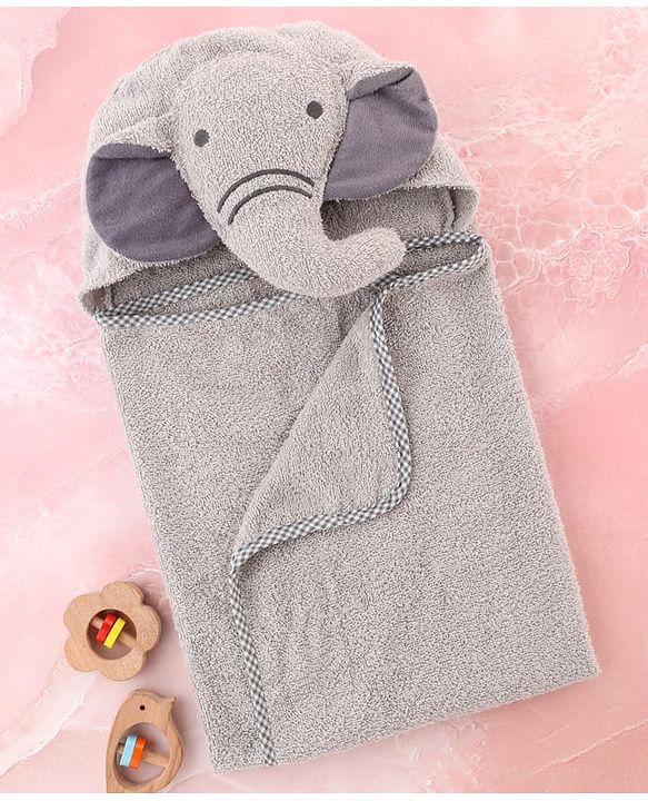 Babyhug Cotton Terry Woven Hooded Bath Towel with Elephant Print L 73 x B 73 cm - Light Grey