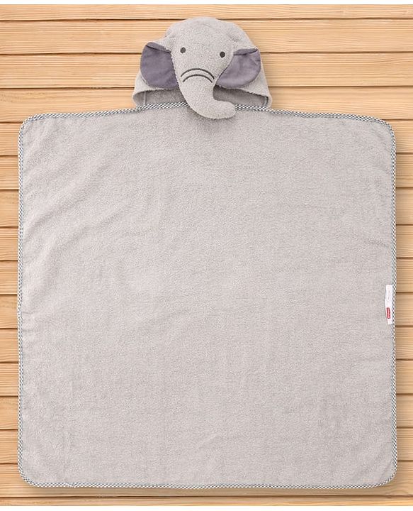 Babyhug Cotton Terry Woven Hooded Bath Towel with Elephant Print L 73 x B 73 cm - Light Grey