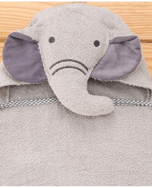 Babyhug Cotton Terry Woven Hooded Bath Towel with Elephant Print L 73 x B 73 cm - Light Grey