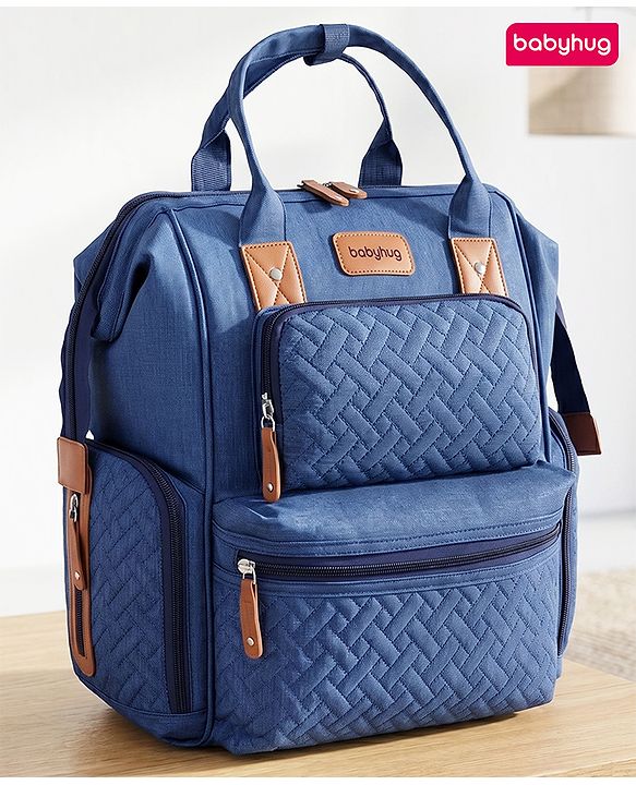 Babyhug Multipurpose Structured Diaper Backpack| Wide Opening Frame| Multi-Pocket Organizer| Dual Carry Handles| Wipes Dispenser| Charger Cable Opening| Stroller Clip - Blue