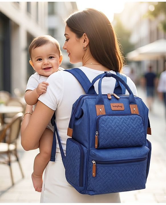 Babyhug Multipurpose Structured Diaper Backpack| Wide Opening Frame| Multi-Pocket Organizer| Dual Carry Handles| Wipes Dispenser| Charger Cable Opening| Stroller Clip - Blue