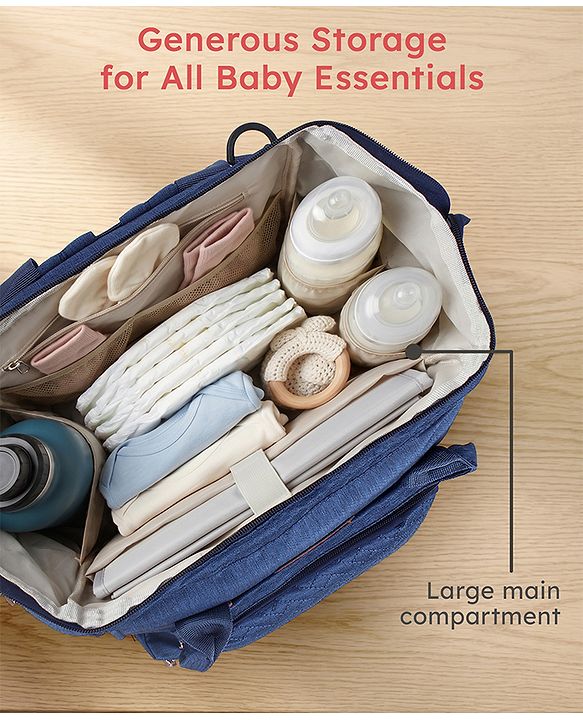 Babyhug Multipurpose Structured Diaper Backpack| Wide Opening Frame| Multi-Pocket Organizer| Dual Carry Handles| Wipes Dispenser| Charger Cable Opening| Stroller Clip - Blue