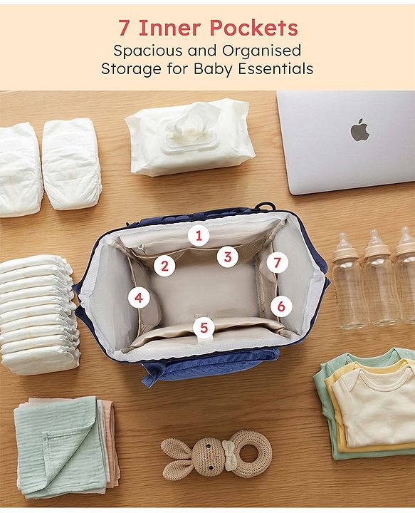 Babyhug Multipurpose Structured Diaper Backpack| Wide Opening Frame| Multi-Pocket Organizer| Dual Carry Handles| Wipes Dispenser| Charger Cable Opening| Stroller Clip - Blue