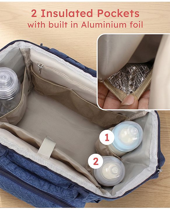 Babyhug Multipurpose Structured Diaper Backpack| Wide Opening Frame| Multi-Pocket Organizer| Dual Carry Handles| Wipes Dispenser| Charger Cable Opening| Stroller Clip - Blue
