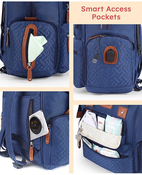 Babyhug Multipurpose Structured Diaper Backpack| Wide Opening Frame| Multi-Pocket Organizer| Dual Carry Handles| Wipes Dispenser| Charger Cable Opening| Stroller Clip - Blue