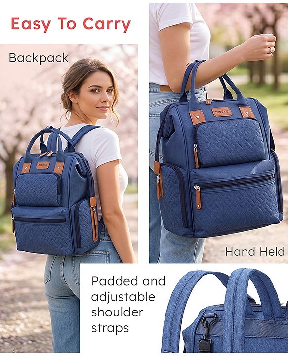 Babyhug Multipurpose Structured Diaper Backpack| Wide Opening Frame| Multi-Pocket Organizer| Dual Carry Handles| Wipes Dispenser| Charger Cable Opening| Stroller Clip - Blue