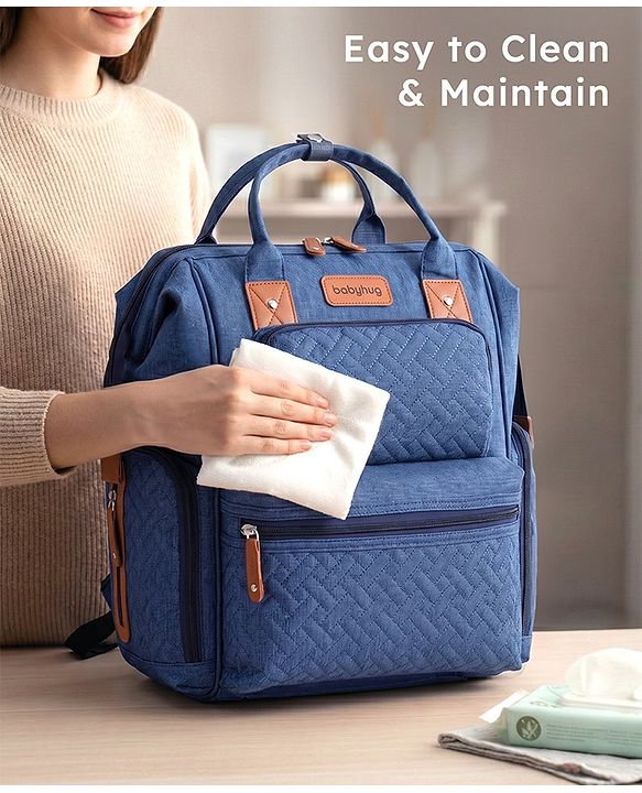 Babyhug Multipurpose Structured Diaper Backpack| Wide Opening Frame| Multi-Pocket Organizer| Dual Carry Handles| Wipes Dispenser| Charger Cable Opening| Stroller Clip - Blue