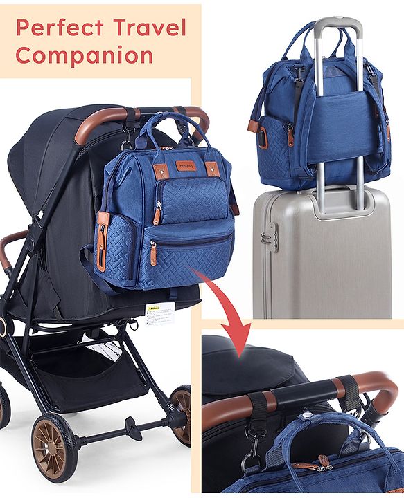 Babyhug Multipurpose Structured Diaper Backpack| Wide Opening Frame| Multi-Pocket Organizer| Dual Carry Handles| Wipes Dispenser| Charger Cable Opening| Stroller Clip - Blue