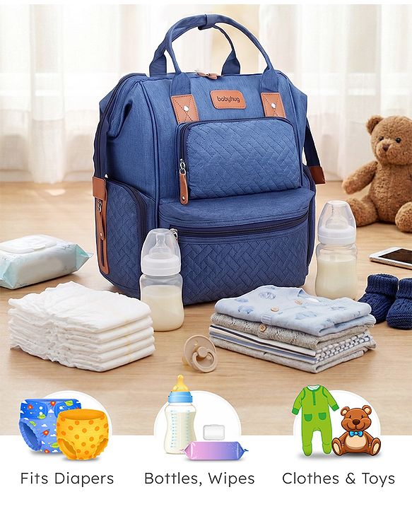 Babyhug Multipurpose Structured Diaper Backpack| Wide Opening Frame| Multi-Pocket Organizer| Dual Carry Handles| Wipes Dispenser| Charger Cable Opening| Stroller Clip - Blue