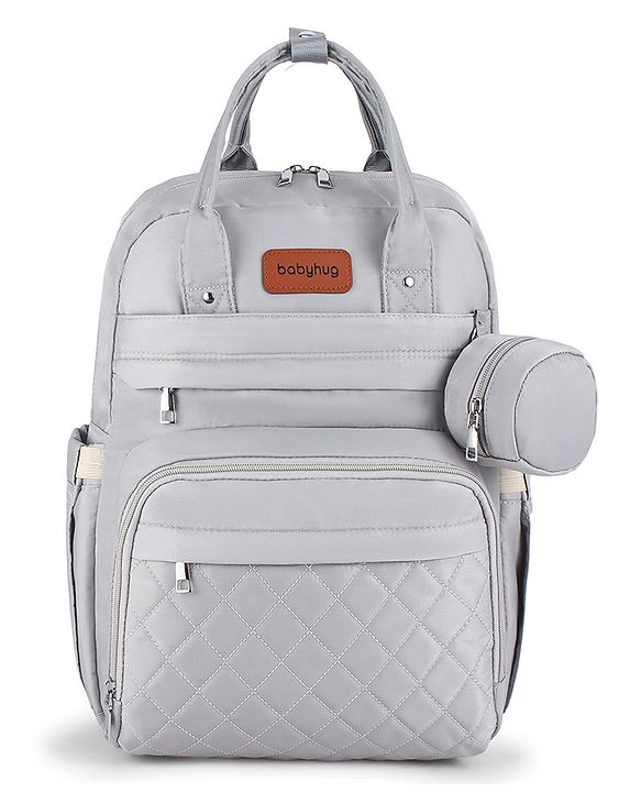 Babyhug Quilted Multipurpose Diaper Backpack with Changing Mat - Grey| Detachable Pacifier Pouch| Adjustable Shoulder Straps| Spacious Multi-Compartment Storage| Wipes Dispenser| Side Bottle Pocket