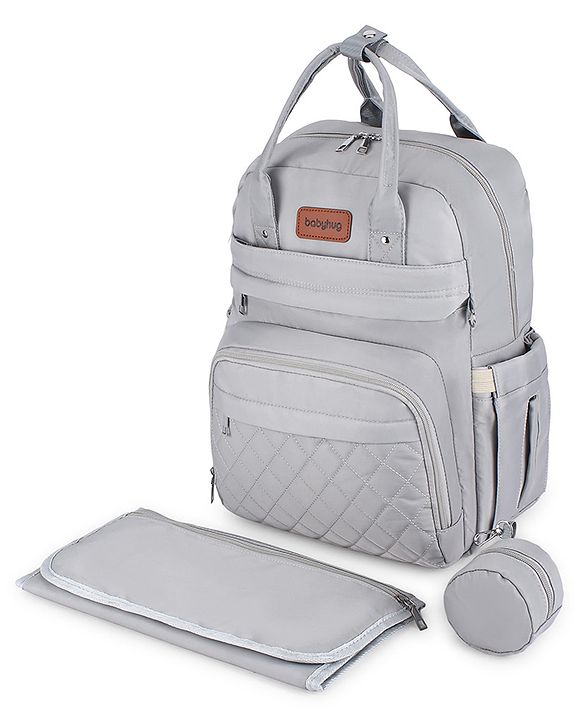 Babyhug Quilted Multipurpose Diaper Backpack with Changing Mat - Grey| Detachable Pacifier Pouch| Adjustable Shoulder Straps| Spacious Multi-Compartment Storage| Wipes Dispenser| Side Bottle Pocket
