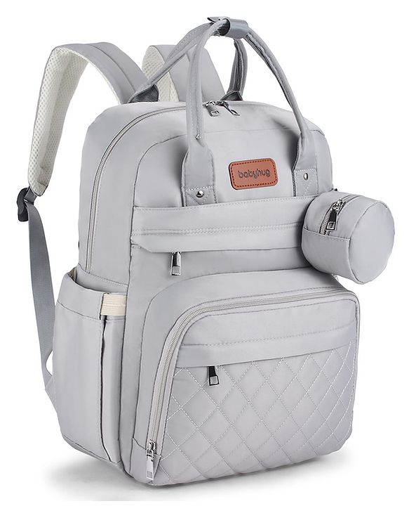Babyhug Quilted Multipurpose Diaper Backpack with Changing Mat - Grey| Detachable Pacifier Pouch| Adjustable Shoulder Straps| Spacious Multi-Compartment Storage| Wipes Dispenser| Side Bottle Pocket