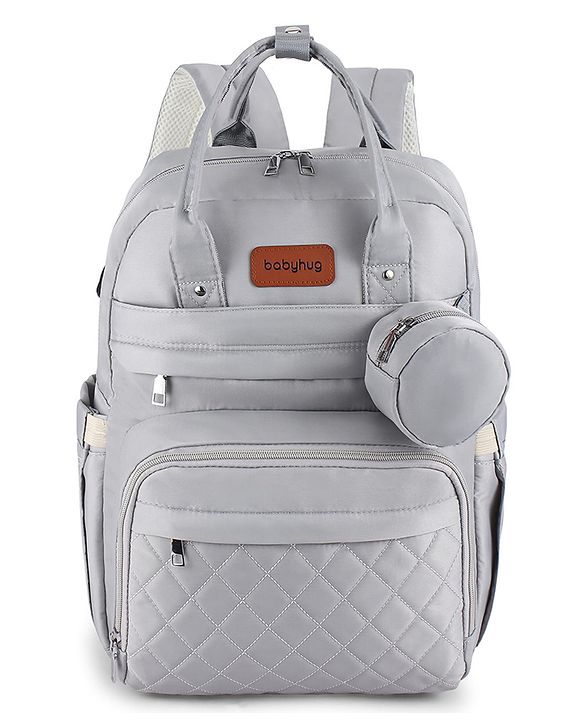 Babyhug Quilted Multipurpose Diaper Backpack with Changing Mat - Grey| Detachable Pacifier Pouch| Adjustable Shoulder Straps| Spacious Multi-Compartment Storage| Wipes Dispenser| Side Bottle Pocket