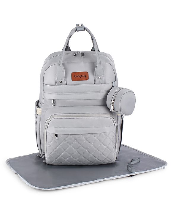 Babyhug Quilted Multipurpose Diaper Backpack with Changing Mat - Grey| Detachable Pacifier Pouch| Adjustable Shoulder Straps| Spacious Multi-Compartment Storage| Wipes Dispenser| Side Bottle Pocket