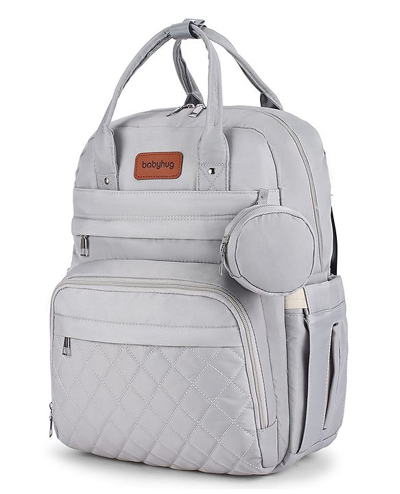 Babyhug Quilted Multipurpose Diaper Backpack with Changing Mat - Grey| Detachable Pacifier Pouch| Adjustable Shoulder Straps| Spacious Multi-Compartment Storage| Wipes Dispenser| Side Bottle Pocket