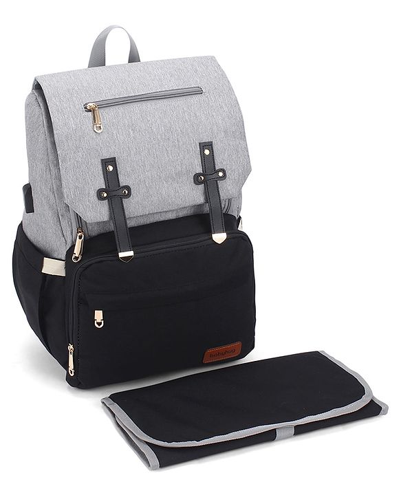 Babyhug Premium Multipurpose Diaper Backpack - Black Grey| USB Charging Port| Insulated Bottle Pockets| Diaper Changing Mat| Padded Shoulder Strap|Side Bottle Pocket|Wipes Dispenser| Water Resistant