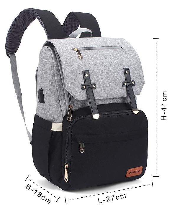 Babyhug Premium Multipurpose Diaper Backpack - Black Grey| USB Charging Port| Insulated Bottle Pockets| Diaper Changing Mat| Padded Shoulder Strap|Side Bottle Pocket|Wipes Dispenser| Water Resistant