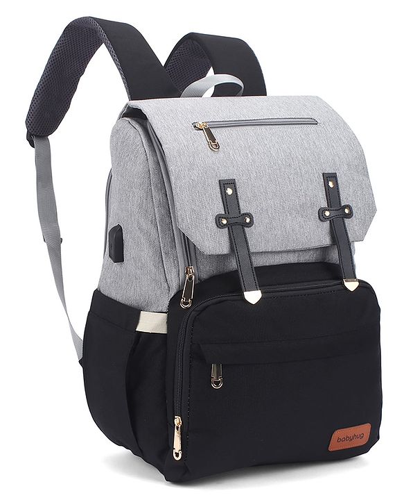 Babyhug Premium Multipurpose Diaper Backpack - Black Grey| USB Charging Port| Insulated Bottle Pockets| Diaper Changing Mat| Padded Shoulder Strap|Side Bottle Pocket|Wipes Dispenser| Water Resistant