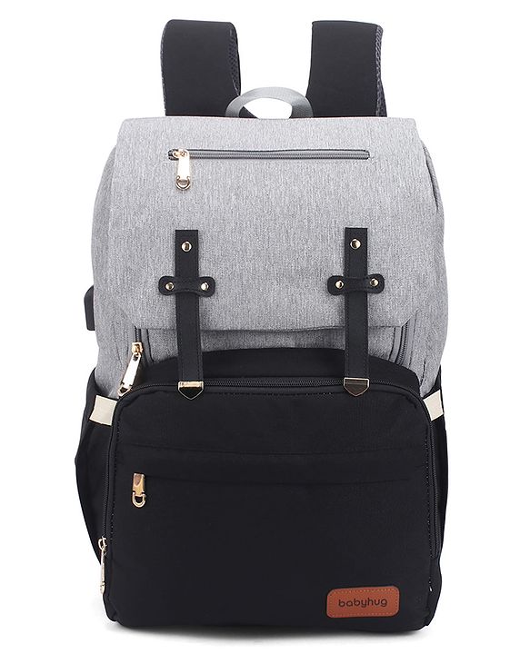 Babyhug Premium Multipurpose Diaper Backpack - Black Grey| USB Charging Port| Insulated Bottle Pockets| Diaper Changing Mat| Padded Shoulder Strap|Side Bottle Pocket|Wipes Dispenser| Water Resistant