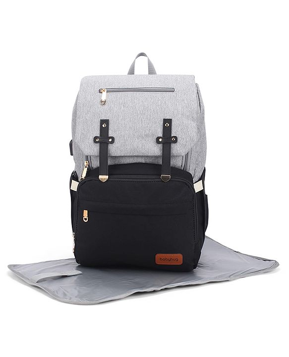 Babyhug Premium Multipurpose Diaper Backpack - Black Grey| USB Charging Port| Insulated Bottle Pockets| Diaper Changing Mat| Padded Shoulder Strap|Side Bottle Pocket|Wipes Dispenser| Water Resistant