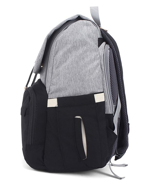 Babyhug Premium Multipurpose Diaper Backpack - Black Grey| USB Charging Port| Insulated Bottle Pockets| Diaper Changing Mat| Padded Shoulder Strap|Side Bottle Pocket|Wipes Dispenser| Water Resistant