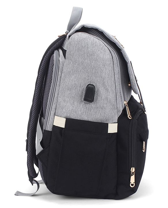 Babyhug Premium Multipurpose Diaper Backpack - Black Grey| USB Charging Port| Insulated Bottle Pockets| Diaper Changing Mat| Padded Shoulder Strap|Side Bottle Pocket|Wipes Dispenser| Water Resistant