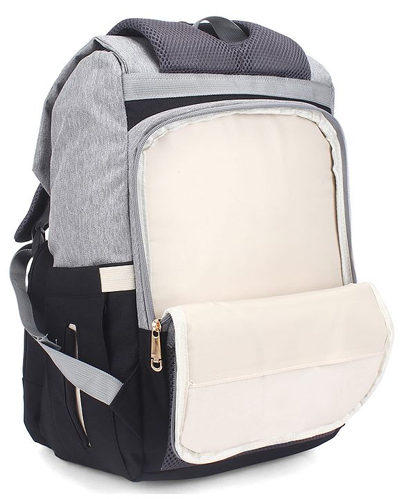 Babyhug Premium Multipurpose Diaper Backpack - Black Grey| USB Charging Port| Insulated Bottle Pockets| Diaper Changing Mat| Padded Shoulder Strap|Side Bottle Pocket|Wipes Dispenser| Water Resistant