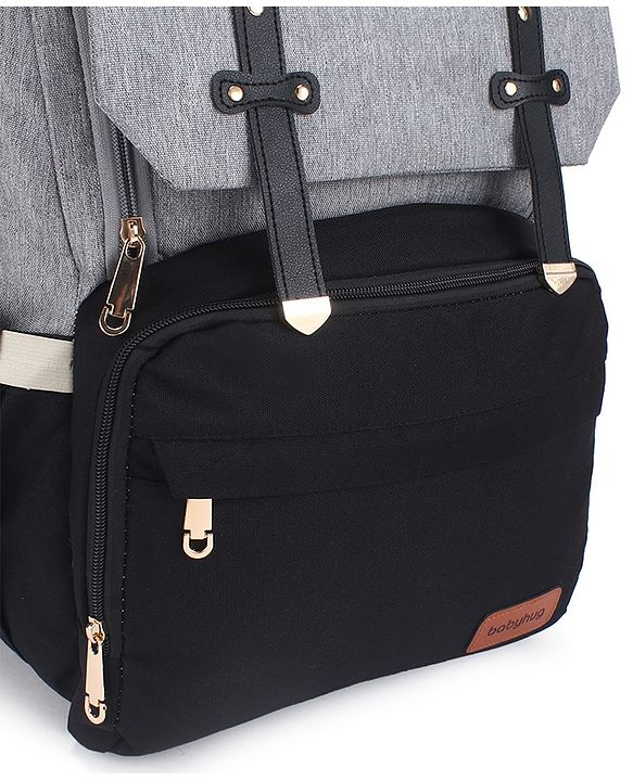 Babyhug Premium Multipurpose Diaper Backpack - Black Grey| USB Charging Port| Insulated Bottle Pockets| Diaper Changing Mat| Padded Shoulder Strap|Side Bottle Pocket|Wipes Dispenser| Water Resistant