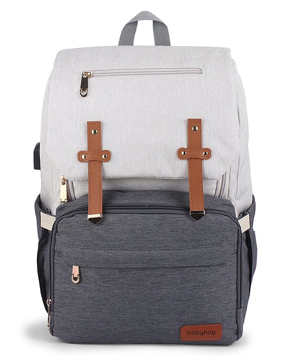 Babyhug Premium Multipurpose Diaper Backpack - Black Grey| USB Charging Port| Insulated Bottle Pockets| Diaper Changing Mat| Padded Shoulder Strap|Side Bottle Pocket|Wipes Dispenser| Water Resistant
