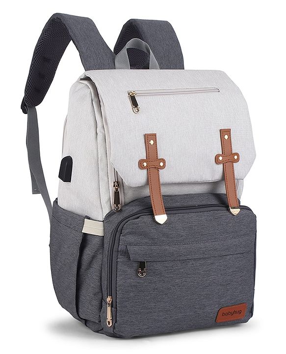 Babyhug Premium Multipurpose Diaper Backpack - Black Grey| USB Charging Port| Insulated Bottle Pockets| Diaper Changing Mat| Padded Shoulder Strap|Side Bottle Pocket|Wipes Dispenser| Water Resistant
