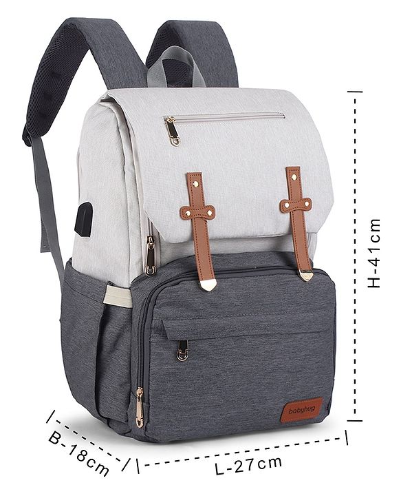 Babyhug Premium Multipurpose Diaper Backpack - Black Grey| USB Charging Port| Insulated Bottle Pockets| Diaper Changing Mat| Padded Shoulder Strap|Side Bottle Pocket|Wipes Dispenser| Water Resistant