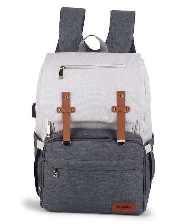 Babyhug Premium Multipurpose Diaper Backpack - Black Grey| USB Charging Port| Insulated Bottle Pockets| Diaper Changing Mat| Padded Shoulder Strap|Side Bottle Pocket|Wipes Dispenser| Water Resistant