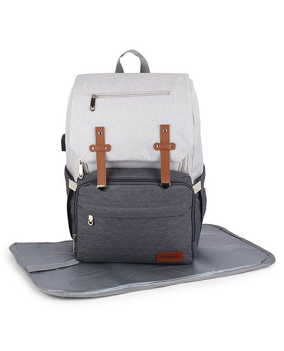 Babyhug Premium Multipurpose Diaper Backpack - Black Grey| USB Charging Port| Insulated Bottle Pockets| Diaper Changing Mat| Padded Shoulder Strap|Side Bottle Pocket|Wipes Dispenser| Water Resistant