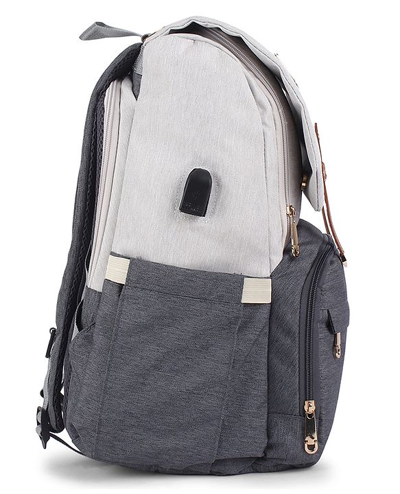 Babyhug Premium Multipurpose Diaper Backpack - Black Grey| USB Charging Port| Insulated Bottle Pockets| Diaper Changing Mat| Padded Shoulder Strap|Side Bottle Pocket|Wipes Dispenser| Water Resistant