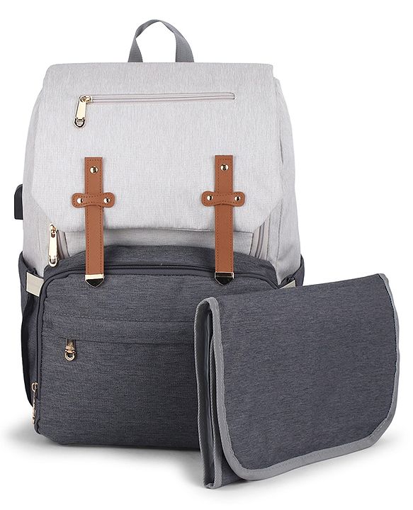 Babyhug Premium Multipurpose Diaper Backpack - Black Grey| USB Charging Port| Insulated Bottle Pockets| Diaper Changing Mat| Padded Shoulder Strap|Side Bottle Pocket|Wipes Dispenser| Water Resistant