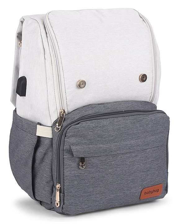 Babyhug Premium Multipurpose Diaper Backpack - Black Grey| USB Charging Port| Insulated Bottle Pockets| Diaper Changing Mat| Padded Shoulder Strap|Side Bottle Pocket|Wipes Dispenser| Water Resistant