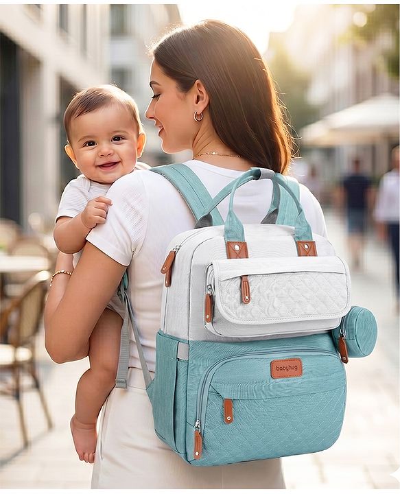 Babyhug Multipurpose Diaper Backpack - Sea Green| Insulated Bottle Pockets| Diaper Changing Mat| Adjustable Shoulder Strap| Side Bottle Pocket| Wipes Dispenser| Water Resistant| Pacifier Case