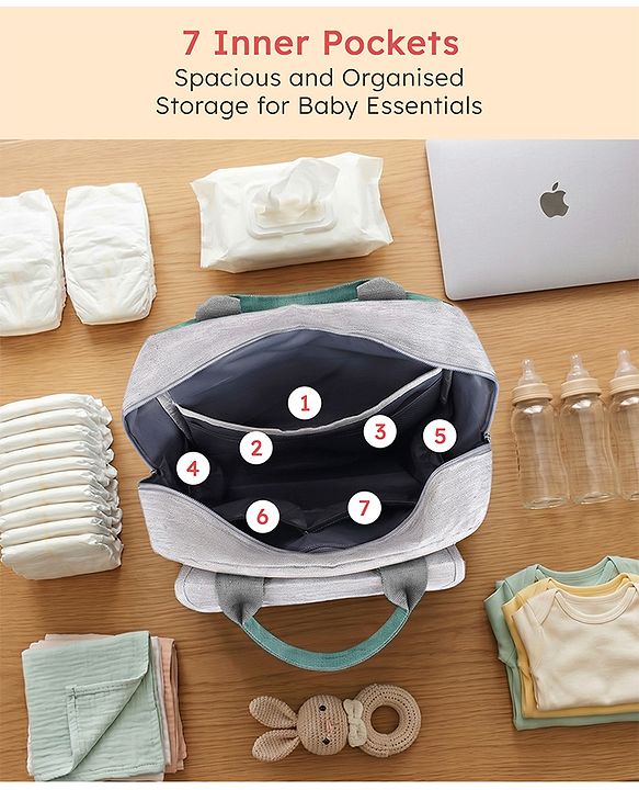 Babyhug Multipurpose Diaper Backpack - Sea Green| Insulated Bottle Pockets| Diaper Changing Mat| Adjustable Shoulder Strap| Side Bottle Pocket| Wipes Dispenser| Water Resistant| Pacifier Case