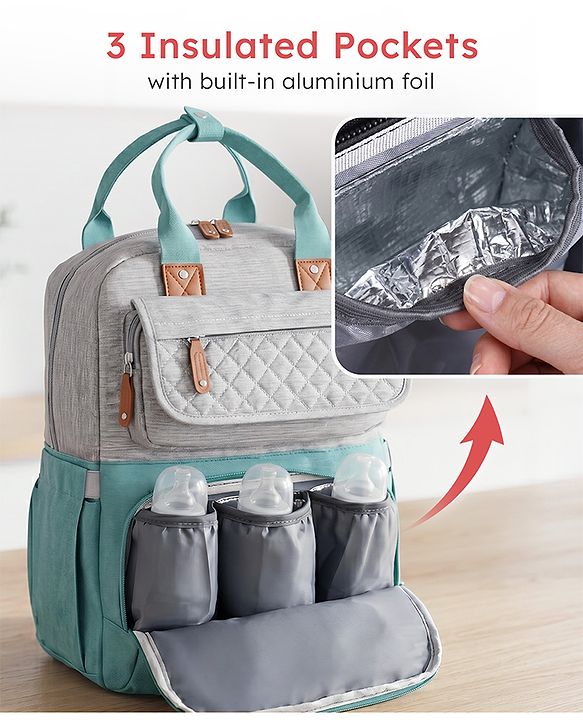 Babyhug Multipurpose Diaper Backpack - Sea Green| Insulated Bottle Pockets| Diaper Changing Mat| Adjustable Shoulder Strap| Side Bottle Pocket| Wipes Dispenser| Water Resistant| Pacifier Case
