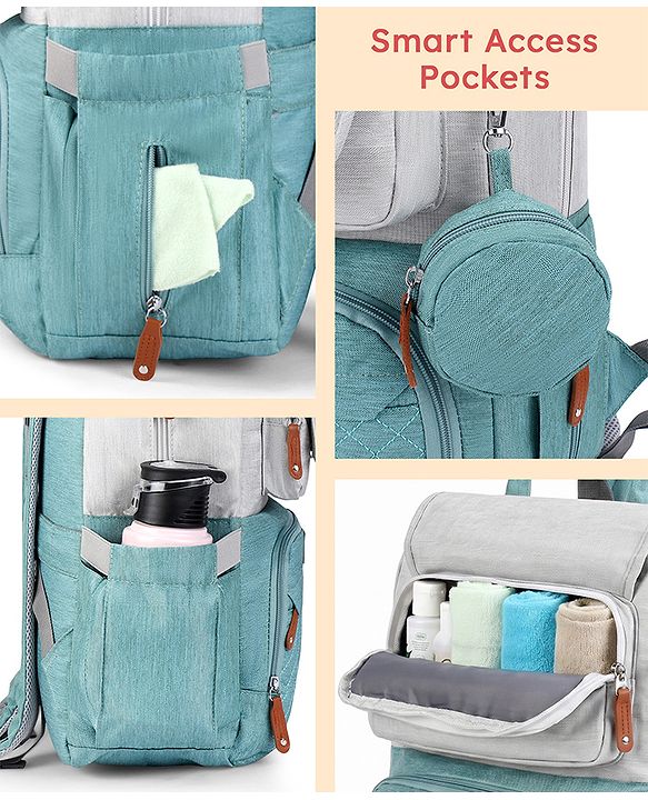 Babyhug Multipurpose Diaper Backpack - Sea Green| Insulated Bottle Pockets| Diaper Changing Mat| Adjustable Shoulder Strap| Side Bottle Pocket| Wipes Dispenser| Water Resistant| Pacifier Case