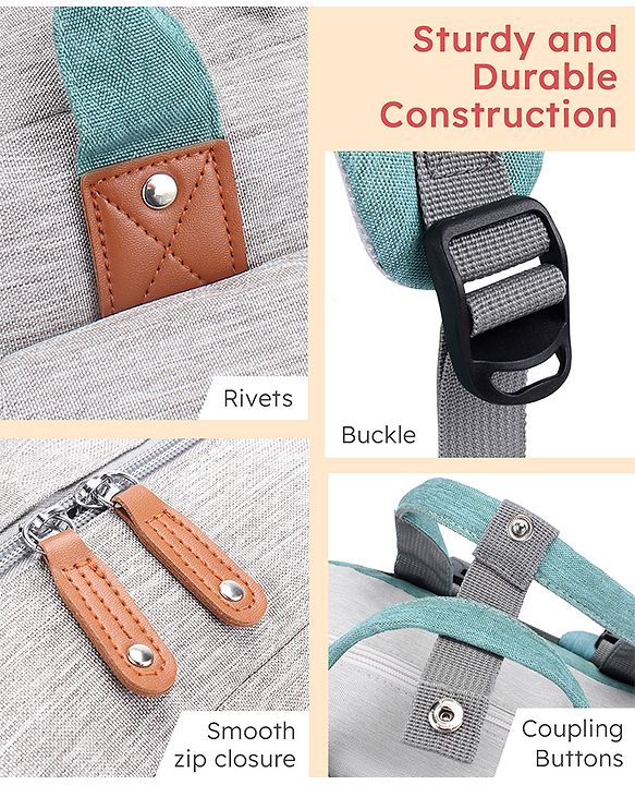 Babyhug Multipurpose Diaper Backpack - Sea Green| Insulated Bottle Pockets| Diaper Changing Mat| Adjustable Shoulder Strap| Side Bottle Pocket| Wipes Dispenser| Water Resistant| Pacifier Case