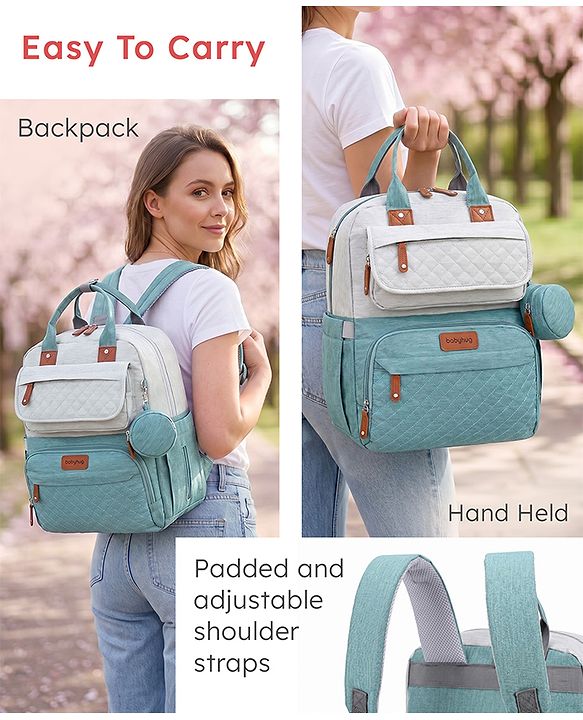 Babyhug Multipurpose Diaper Backpack - Sea Green| Insulated Bottle Pockets| Diaper Changing Mat| Adjustable Shoulder Strap| Side Bottle Pocket| Wipes Dispenser| Water Resistant| Pacifier Case