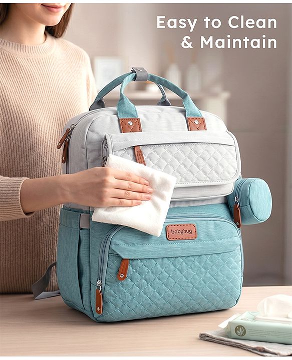 Babyhug Multipurpose Diaper Backpack - Sea Green| Insulated Bottle Pockets| Diaper Changing Mat| Adjustable Shoulder Strap| Side Bottle Pocket| Wipes Dispenser| Water Resistant| Pacifier Case