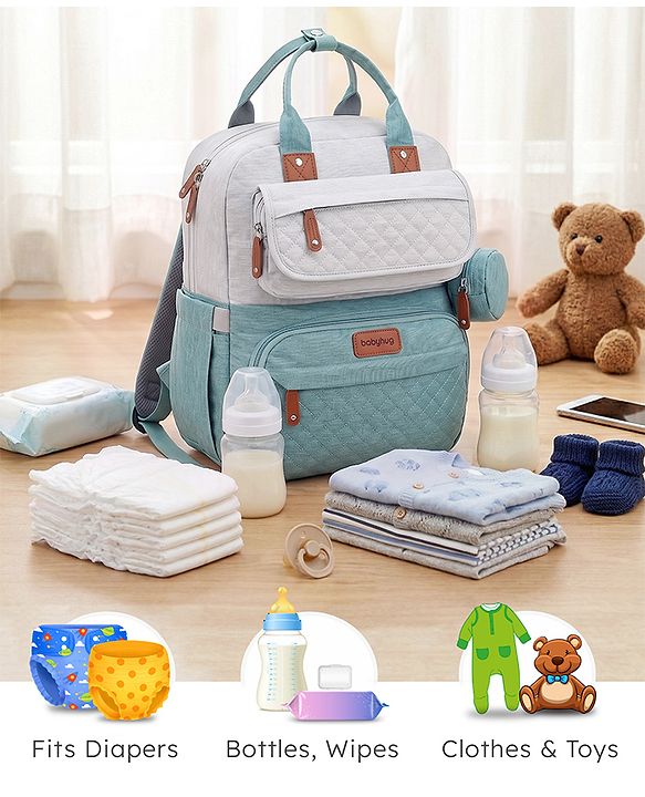 Babyhug Multipurpose Diaper Backpack - Sea Green| Insulated Bottle Pockets| Diaper Changing Mat| Adjustable Shoulder Strap| Side Bottle Pocket| Wipes Dispenser| Water Resistant| Pacifier Case