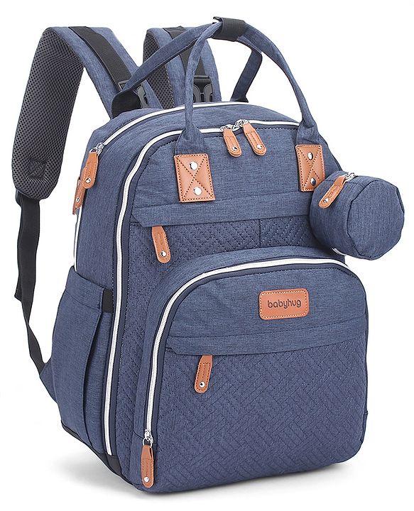 Babyhug Premium Quilted Multipurpose Stylish Diaper Backpack| Water Resistant| Insulated Bottle Pouches| Side Bottle Pocket| Wipes Dispenser| Detachable Pacifier Case| Stroller Clip - Blue