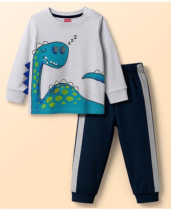 Babyhug Cotton Knit Full Sleeves Night Suit With Dino Print - Grey